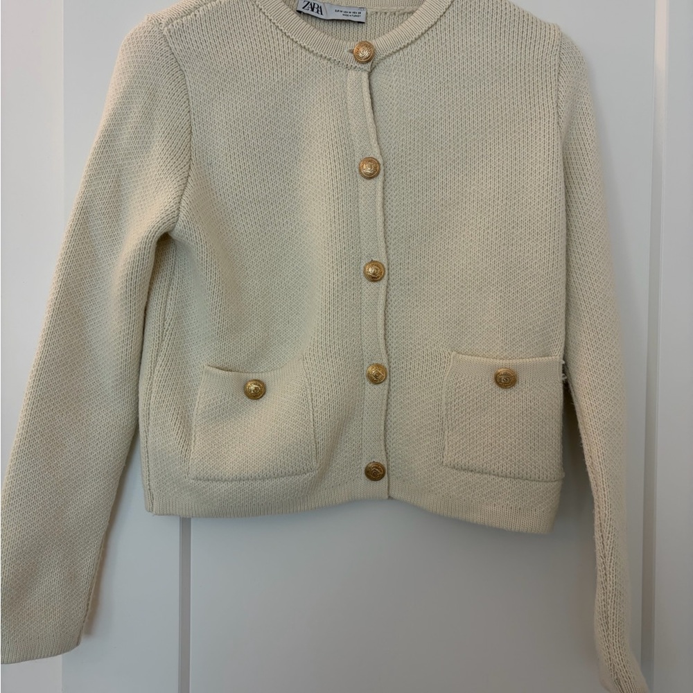 Zara Beige Knit Cardigan with Gold Accents